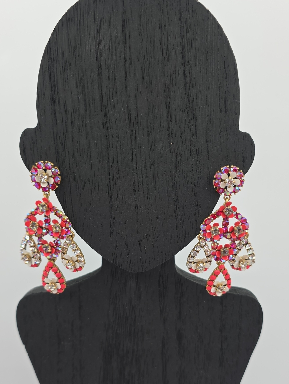 J. Crew Pink and Red And Iridescent Red Crystal Drop Chandelier Earrings Vintage